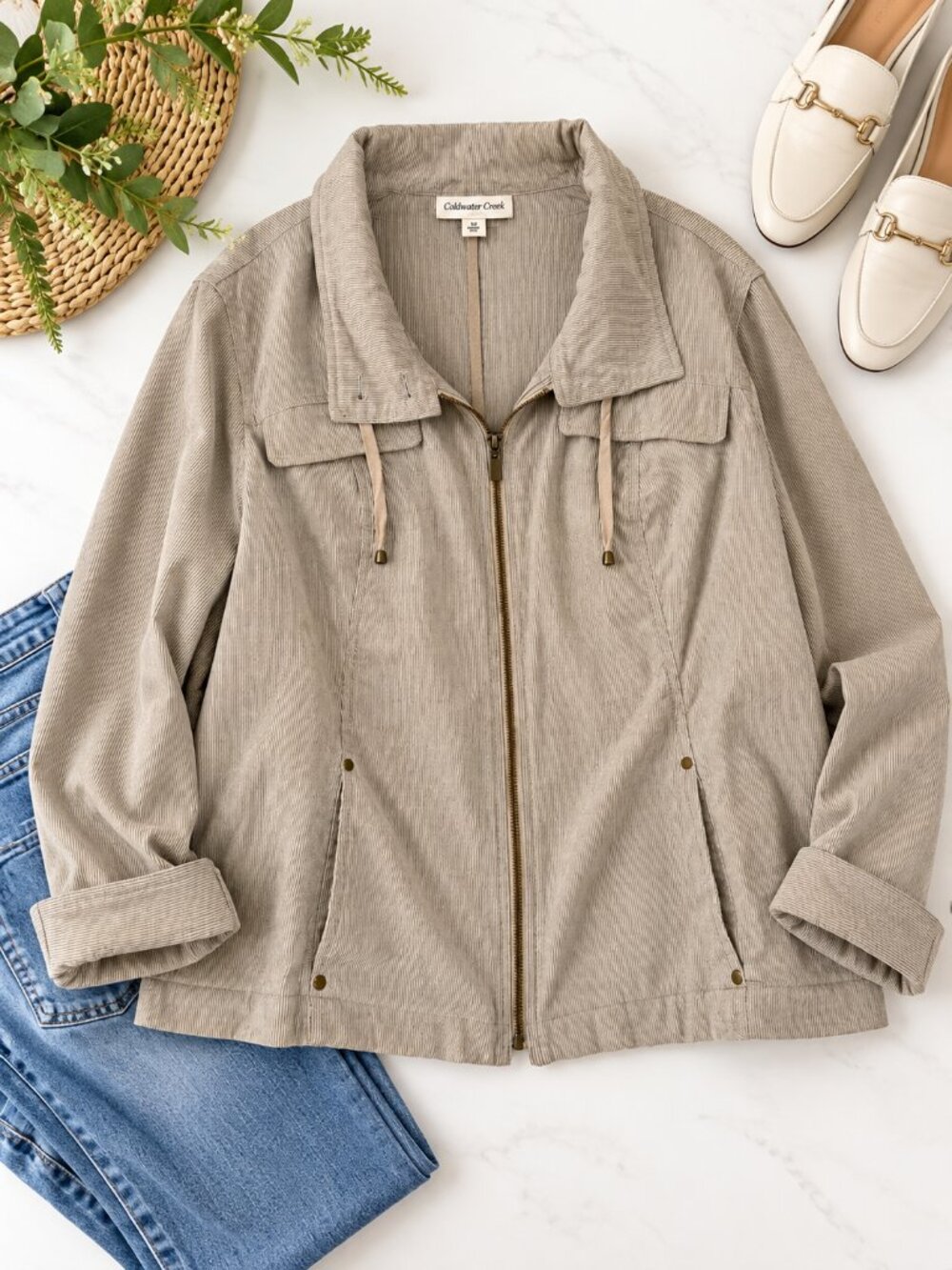 Coldwater Creek Size 20 Beige Corduroy Zip Front Utility Jacket